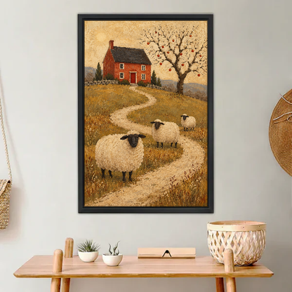 Cottage Sheep Path Canvas Wall Art framed above a light wood console with cacti.