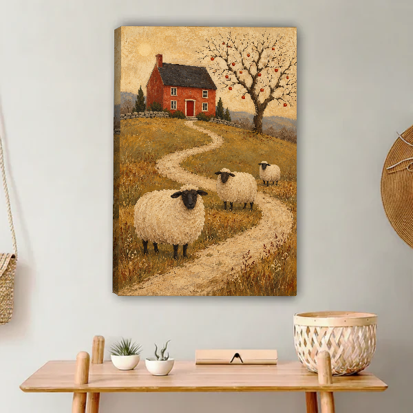 Cottage Sheep Path Canvas Wall Art unframed above a light wood console and woven basket.