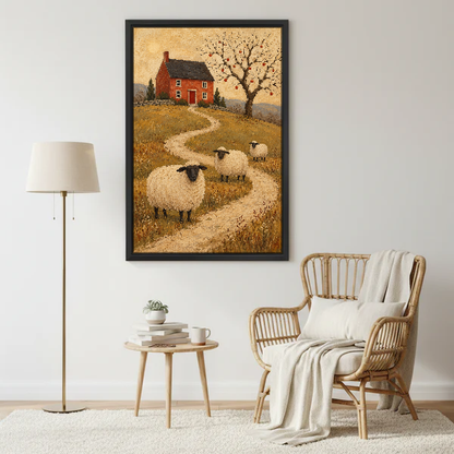 Cottage Sheep Path Canvas Wall Art framed beside a wicker armchair and floor lamp.