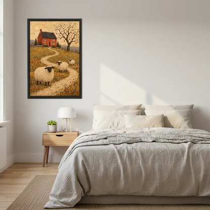 Cottage Sheep Path Canvas Wall Art framed above a cream bed with wooden nightstands.