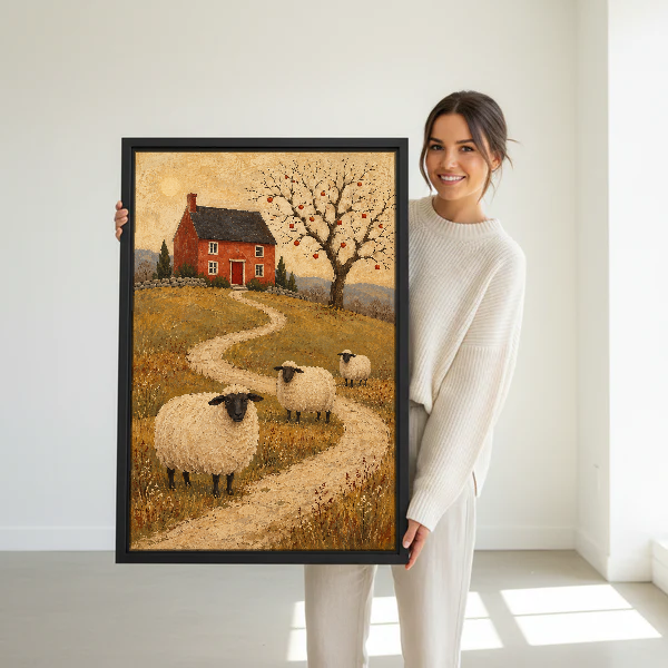Cottage Sheep Path Canvas Wall Art held in a black frame by a standing woman in white.