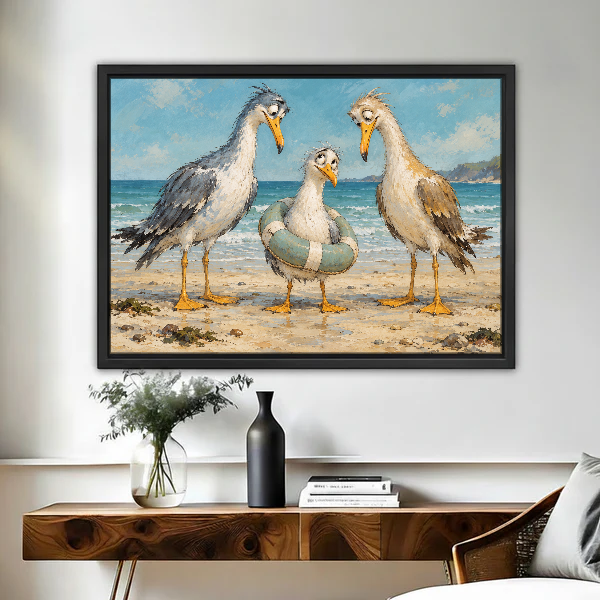 Lifebuoy Seagulls Canvas Wall Art framed above a wood console with vases and flowers.