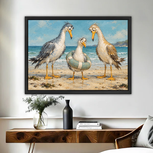 Lifebuoy Seagulls Canvas Wall Art framed above a wood console with vases and flowers.