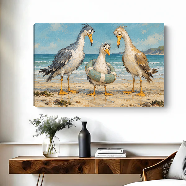 Lifebuoy Seagulls Canvas Wall Art unframed above a wood console with black and white vases.