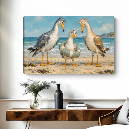 Lifebuoy Seagulls Canvas Wall Art unframed above a wood console with black and white vases.
