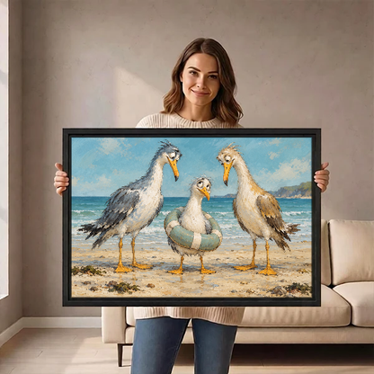 Lifebuoy Seagulls Canvas Wall Art held in a black landscape frame by a standing woman.