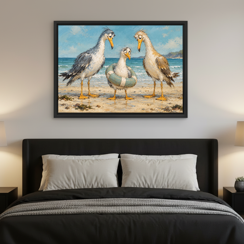 Lifebuoy Seagulls Canvas Wall Art framed above charcoal bedding with pale pillows.