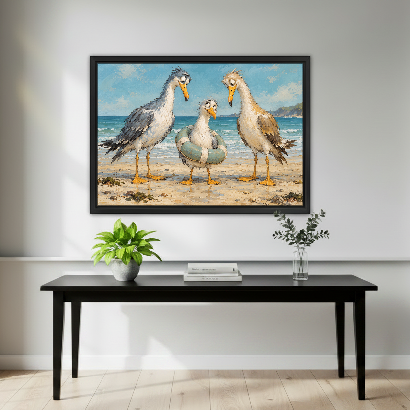 Lifebuoy Seagulls Canvas Wall Art framed above a black console with green plants.