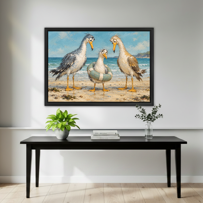 Lifebuoy Seagulls Canvas Wall Art framed above a black console with green plants.