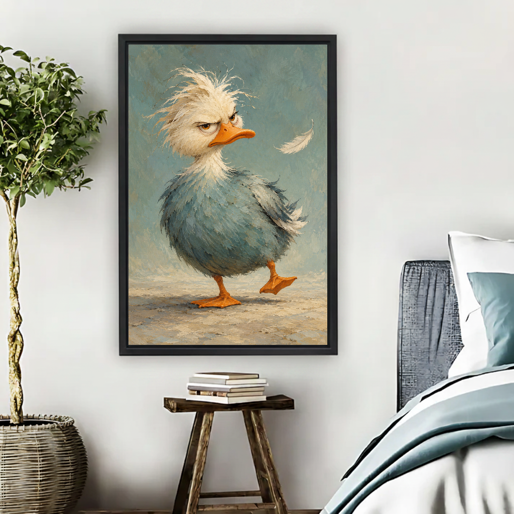 Grumpy Duck Canvas Wall Art framed beside blue bedding, a leafy plant, and books.