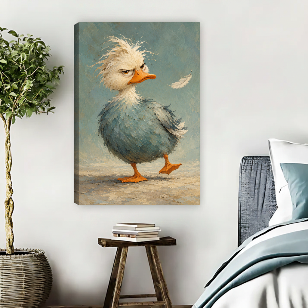 Grumpy Duck Canvas Wall Art unframed beside blue bedding and a leafy plant.