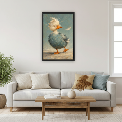Grumpy Duck Canvas Wall Art framed above a pale gray sofa and wood table.