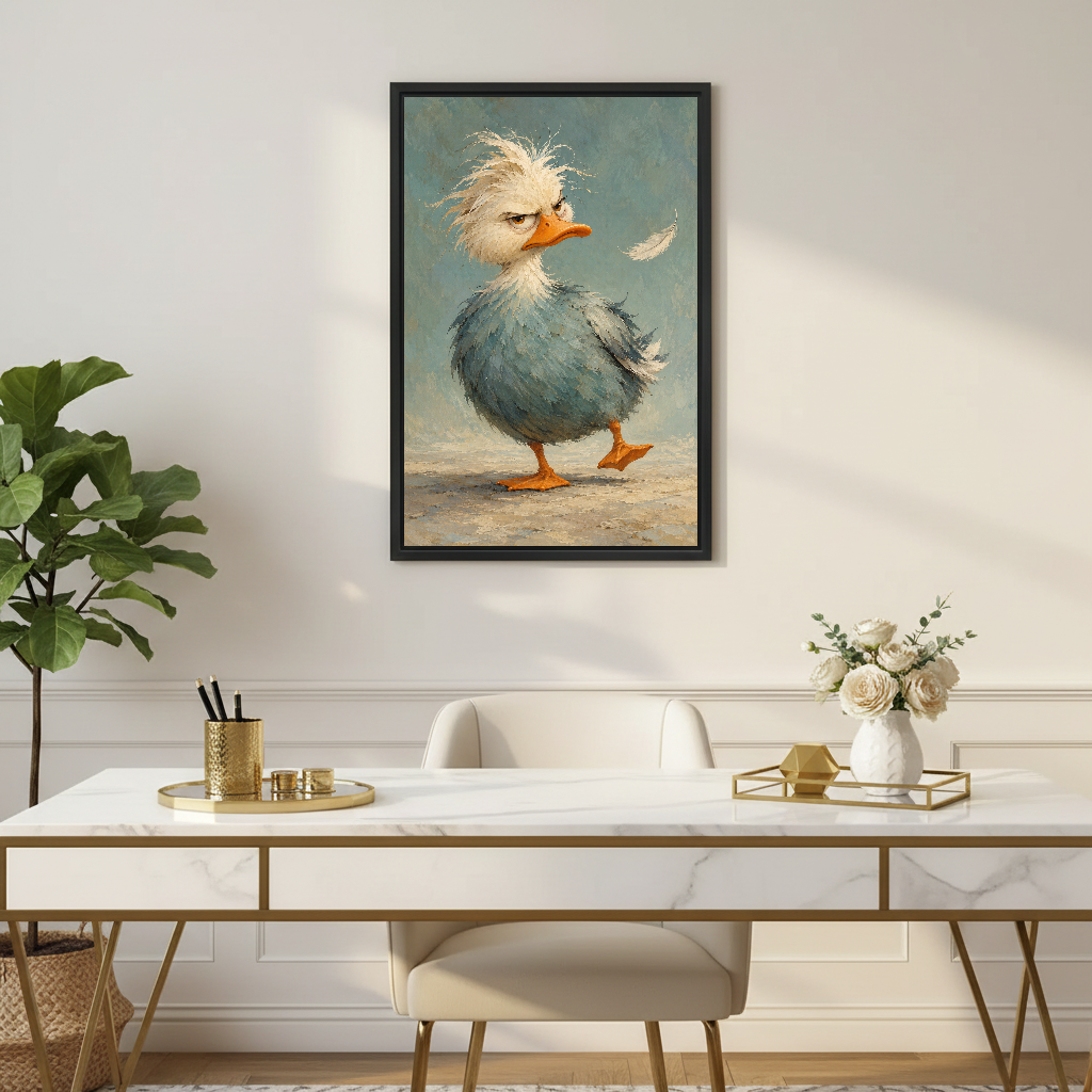 Grumpy Duck Canvas Wall Art framed above a white desk with flowers and chair.
