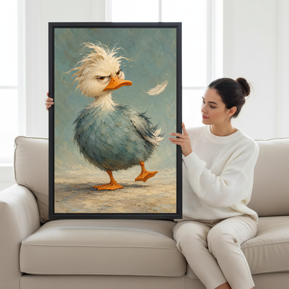 Grumpy Duck Canvas Wall Art held by a seated woman on a pale sofa.