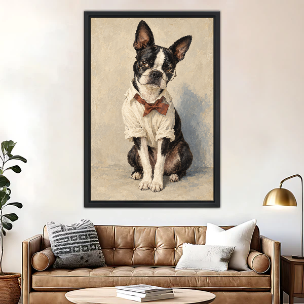 Scholarly Terrier Canvas Wall Art framed above a brown leather sofa and brass lamp.
