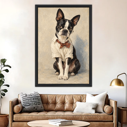 Scholarly Terrier Canvas Wall Art framed above a brown leather sofa and brass lamp.