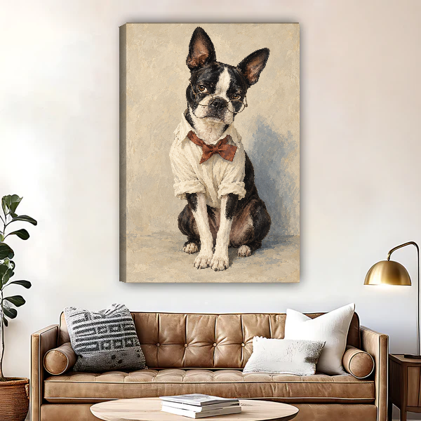 Scholarly Terrier Canvas Wall Art unframed above a brown leather sofa and brass lamp.