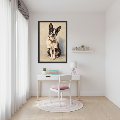 Scholarly Terrier Canvas Wall Art framed above a white study desk with pink chair.
