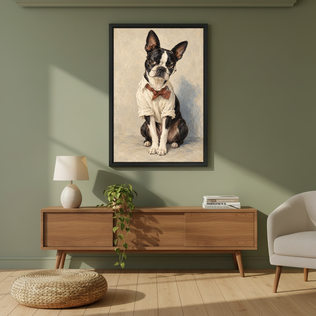 Scholarly Terrier Canvas Wall Art framed above a wood console against an olive wall.