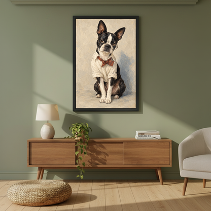 Scholarly Terrier Canvas Wall Art framed above a wood console against an olive wall.