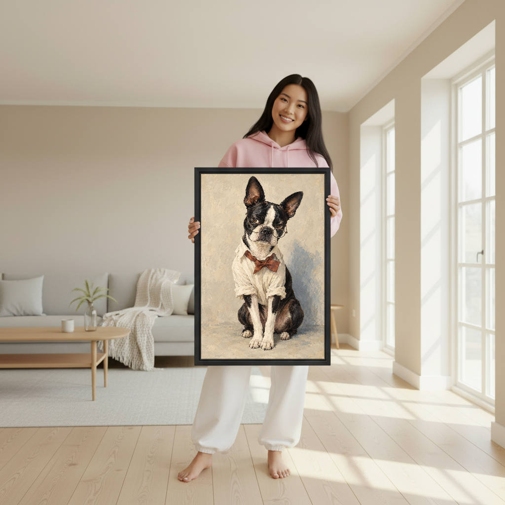 Scholarly Terrier Canvas Wall Art held in a black frame by a woman wearing pink.