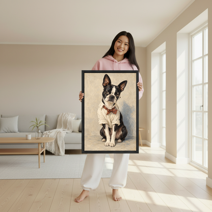 Scholarly Terrier Canvas Wall Art held in a black frame by a woman wearing pink.