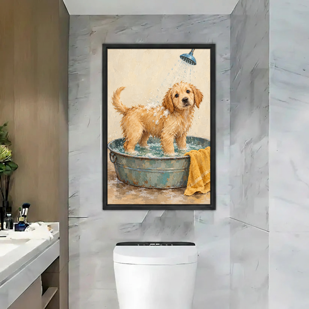 Puppy Bath Time Canvas Wall Art framed above a toilet in a marble bathroom.