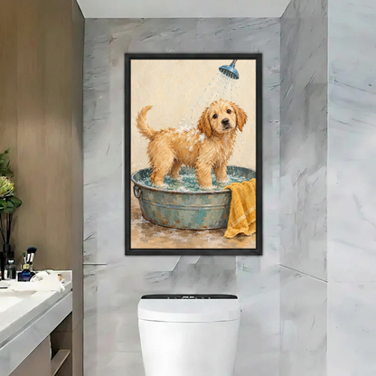 Puppy Bath Time Canvas Wall Art framed above a toilet in a marble bathroom.