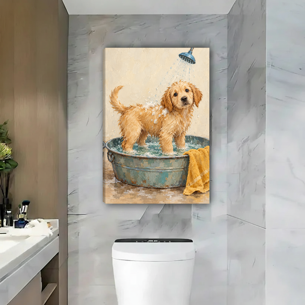 Puppy Bath Time Canvas Wall Art unframed above a toilet beside a marble bathroom wall.
