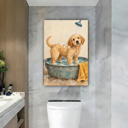 Puppy Bath Time Canvas Wall Art unframed above a toilet beside a marble bathroom wall.