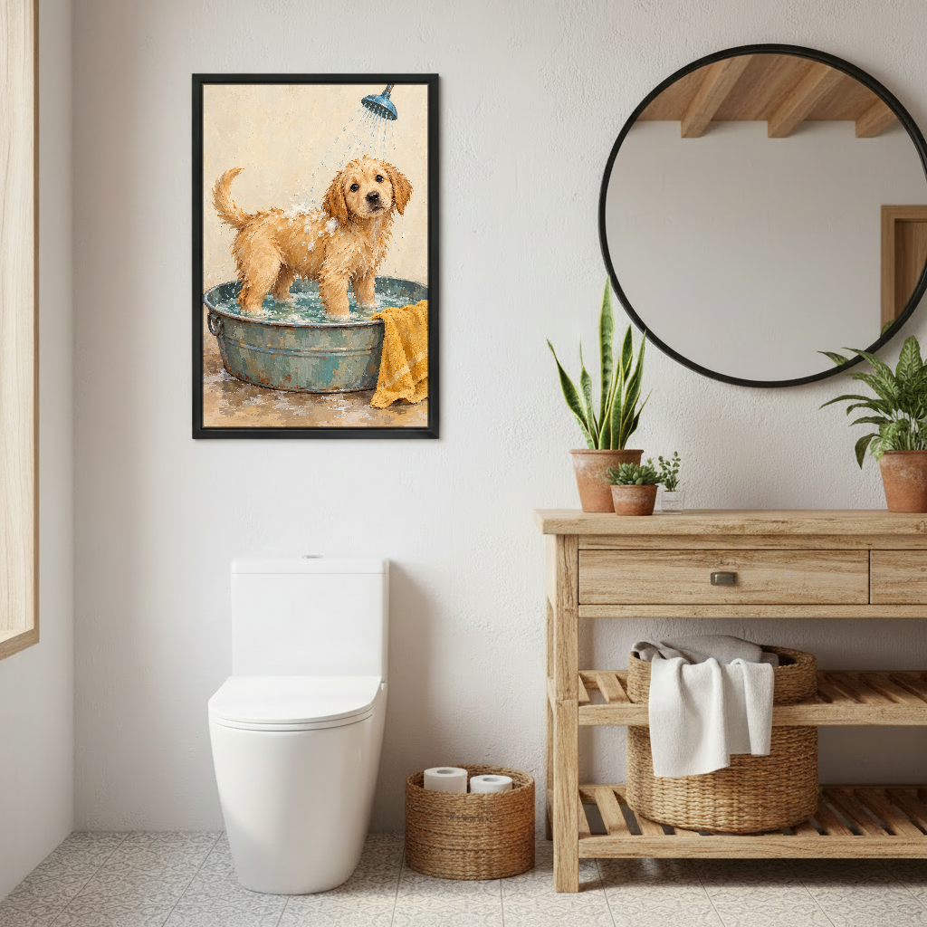 Puppy Bath Time Canvas Wall Art framed above a toilet beside wood vanity and round mirror.