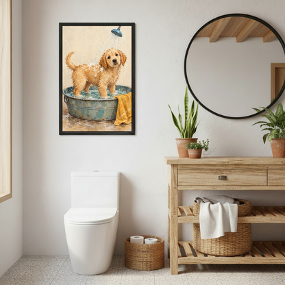 Puppy Bath Time Canvas Wall Art framed above a toilet beside wood vanity and round mirror.