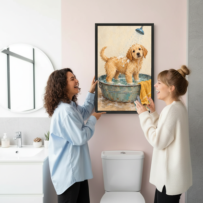 Puppy Bath Time Canvas Wall Art held by two women beside a bathroom mirror and toilet.