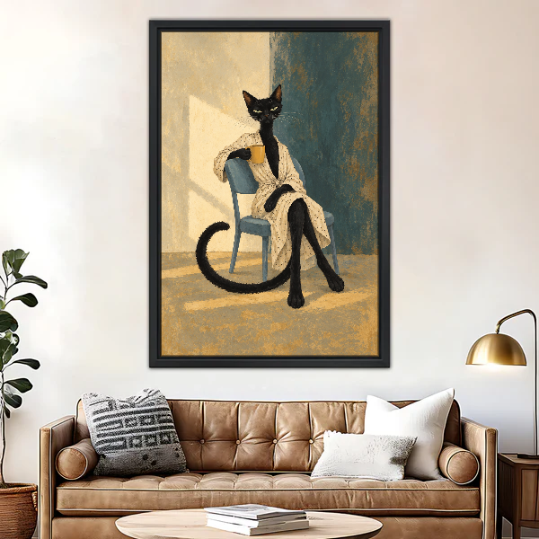 Morning Coffee Cat Canvas Wall Art framed above a brown leather sofa and brass lamp.