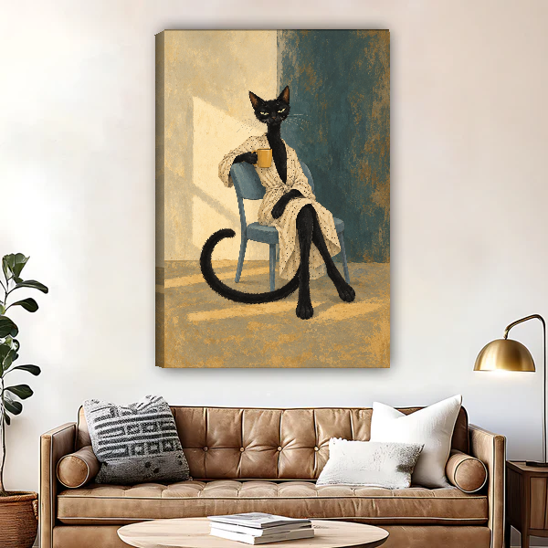 Morning Coffee Cat Canvas Wall Art unframed above a brown leather sofa and brass lamp.