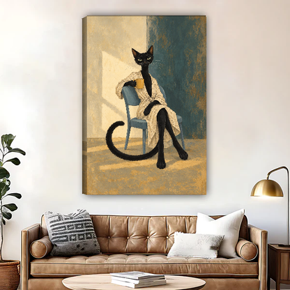 Morning Coffee Cat Canvas Wall Art unframed above a brown leather sofa and brass lamp.