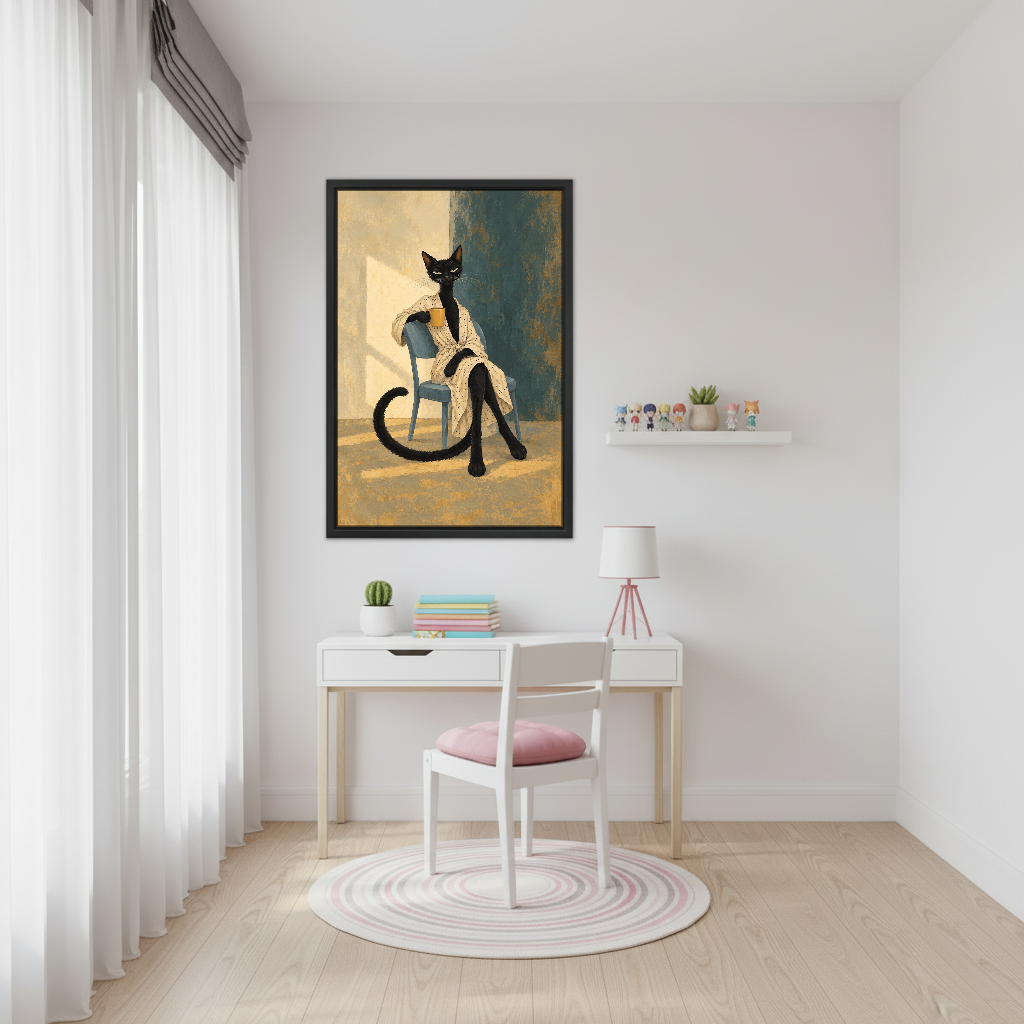 Morning Coffee Cat Canvas Wall Art framed above a white study desk with pink chair.