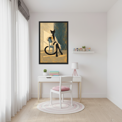 Morning Coffee Cat Canvas Wall Art framed above a white study desk with pink chair.