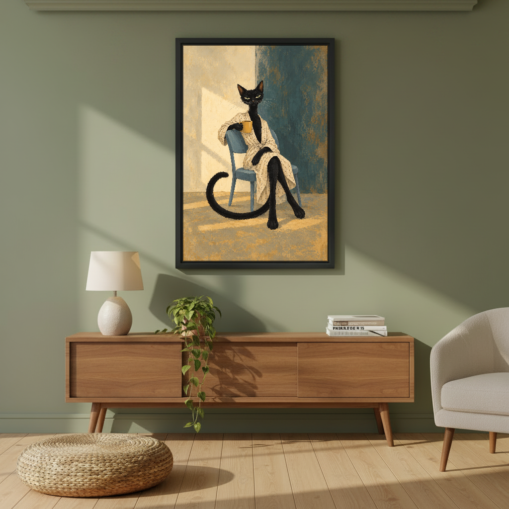 Morning Coffee Cat Canvas Wall Art framed above a wood console against an olive wall.