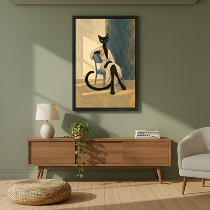 Morning Coffee Cat Canvas Wall Art framed above a wood console against an olive wall.