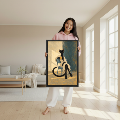 Morning Coffee Cat Canvas Wall Art held in a black frame by a woman wearing pink.