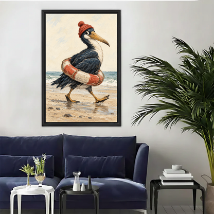 Seaside Pelican Canvas Wall Art framed above a navy sofa with palm and side tables.