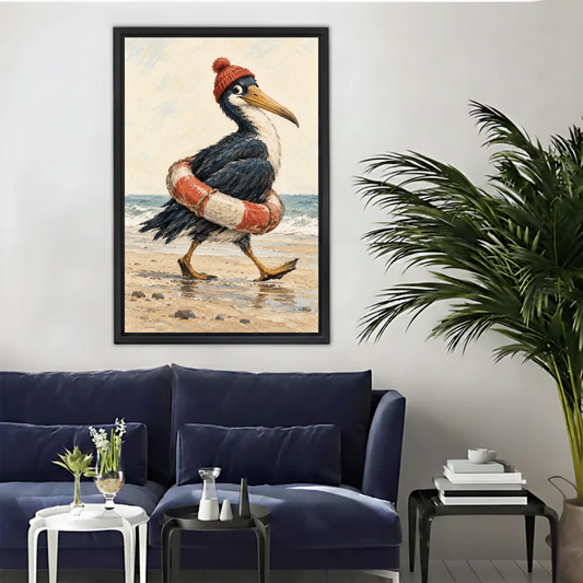 Seaside Pelican Canvas Wall Art framed above a navy sofa with palm and side tables.