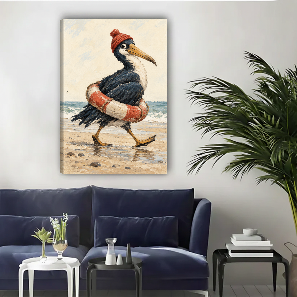 Seaside Pelican Canvas Wall Art unframed above a navy sofa beside a leafy palm.