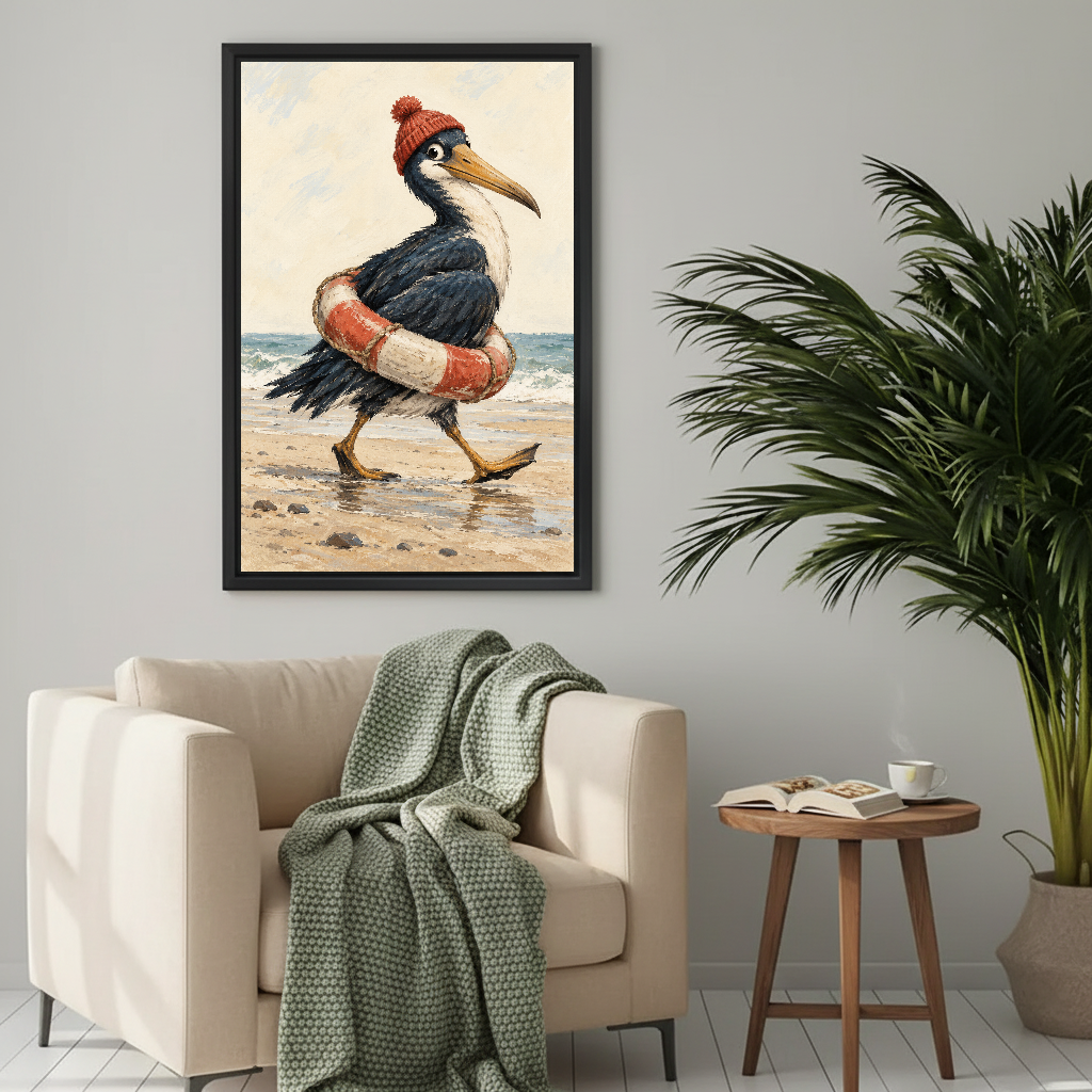 Seaside Pelican Canvas Wall Art framed above a cream armchair with green throw.