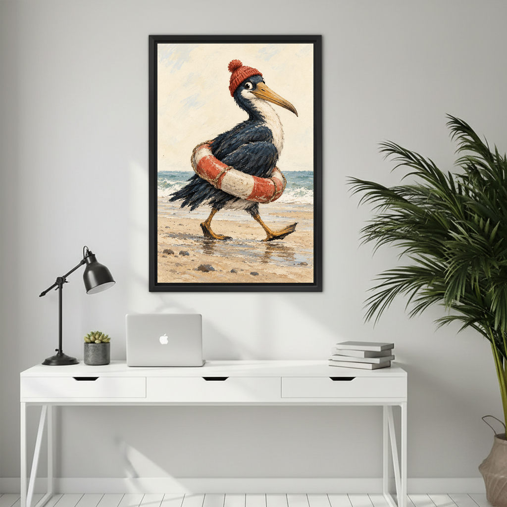 Seaside Pelican Canvas Wall Art framed above a white desk with laptop and task lamp.