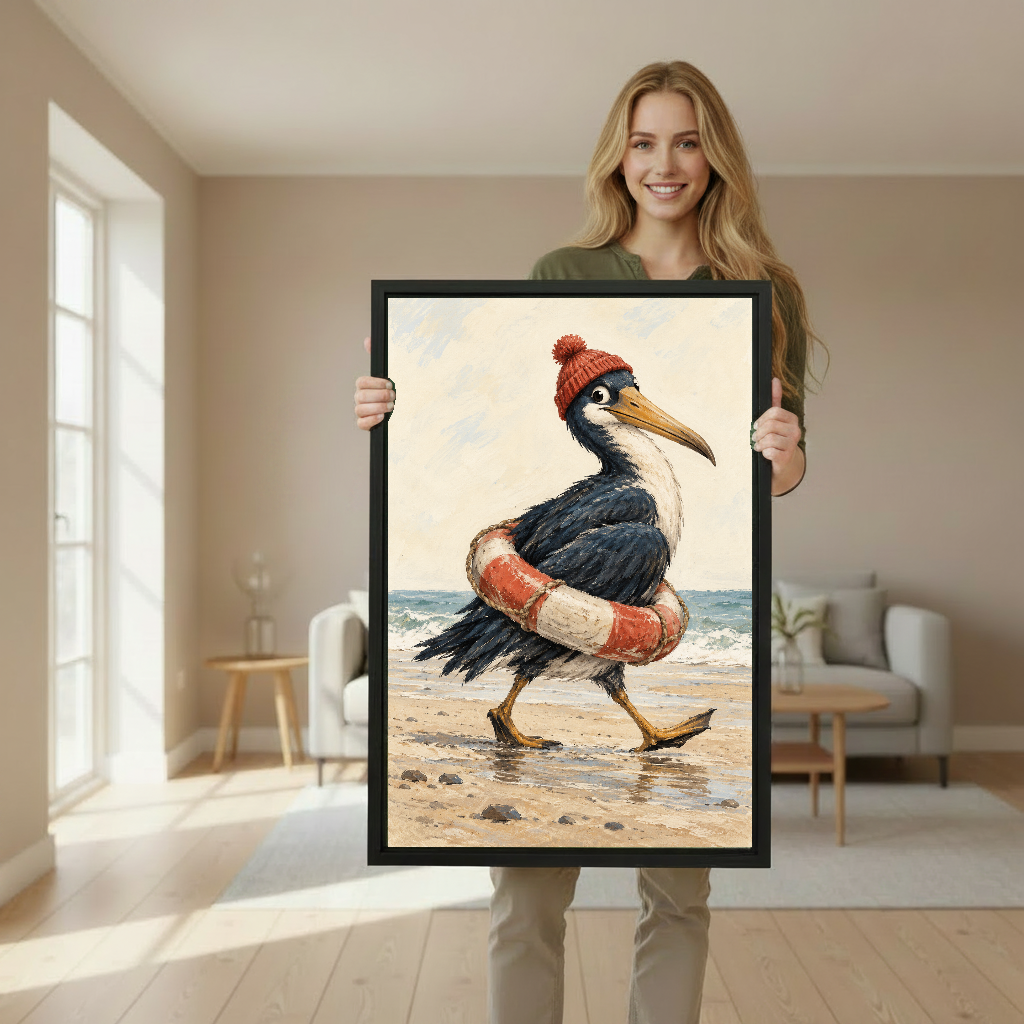 Seaside Pelican Canvas Wall Art held in a black portrait frame by a standing woman.