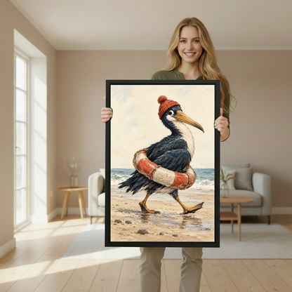 Seaside Pelican Canvas Wall Art held in a black portrait frame by a standing woman.