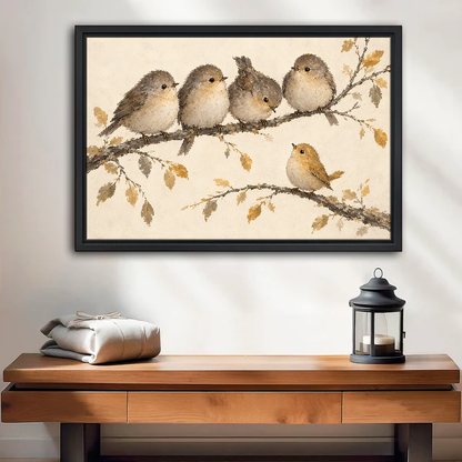 Fluffy Branch Birds Canvas Wall Art framed above a wood console with linen and lantern.