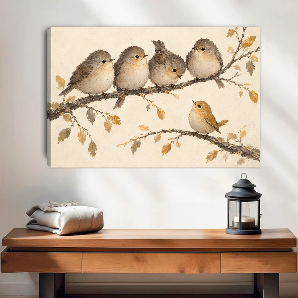 Fluffy Branch Birds Canvas Wall Art unframed above a wood console with linen and lantern.